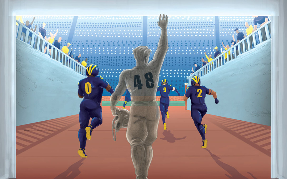 Illustration of Gerald R. Ford walking out onto Michigan Stadium