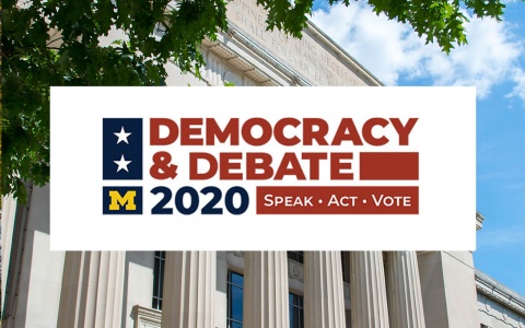 Democracy and debate logo on top of a photo of Angell Hall