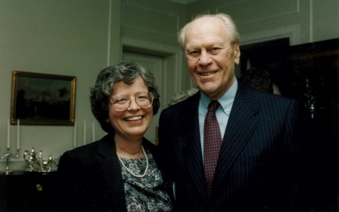 Photo of then-dean Becky Blank and former President Gerald R. Ford, taken on the occasion of the naming of the Ford School