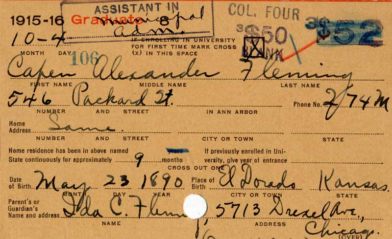 Fleming's student registration card