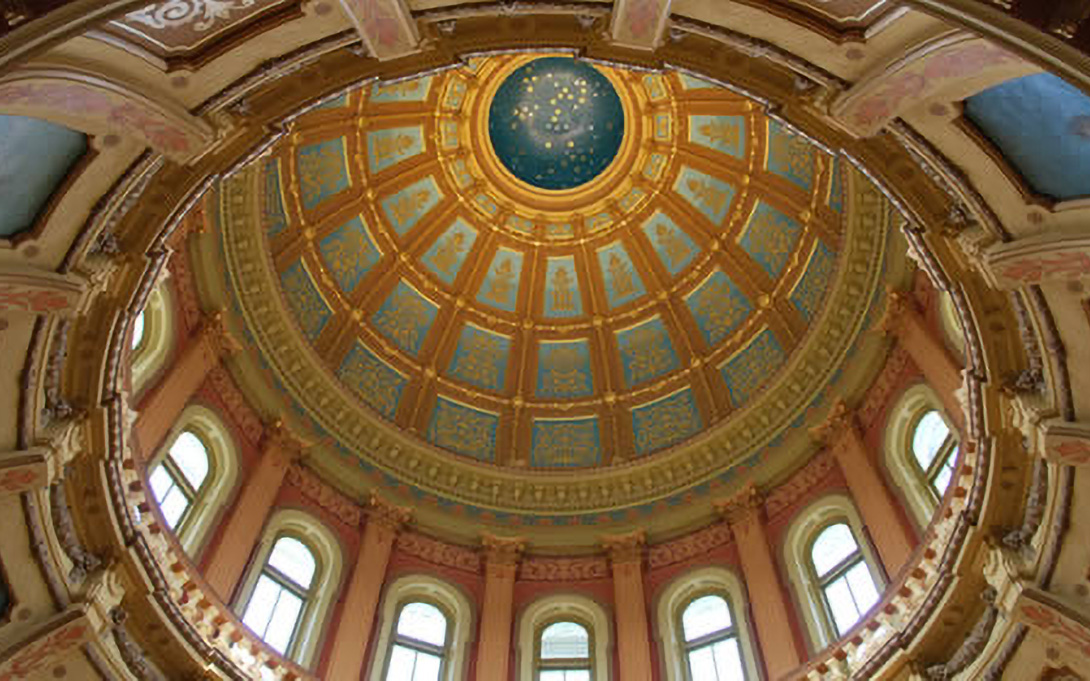 Photo of the Michigan Capitol dome painted ceiling