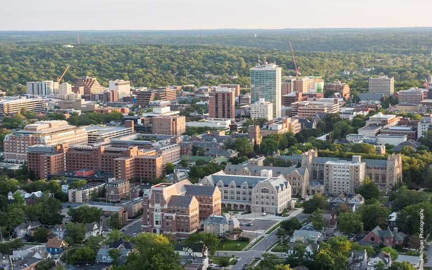 Aerial of U-M central campus including Weill Hall