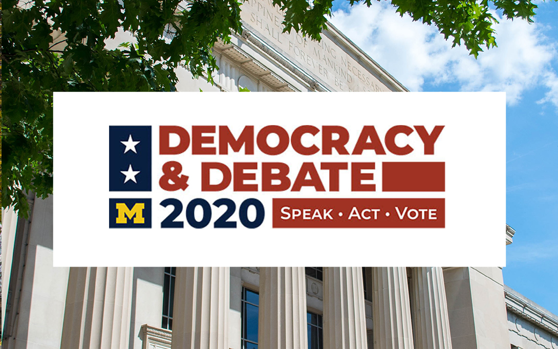Democracy and debate logo on top of a photo of Angell Hall