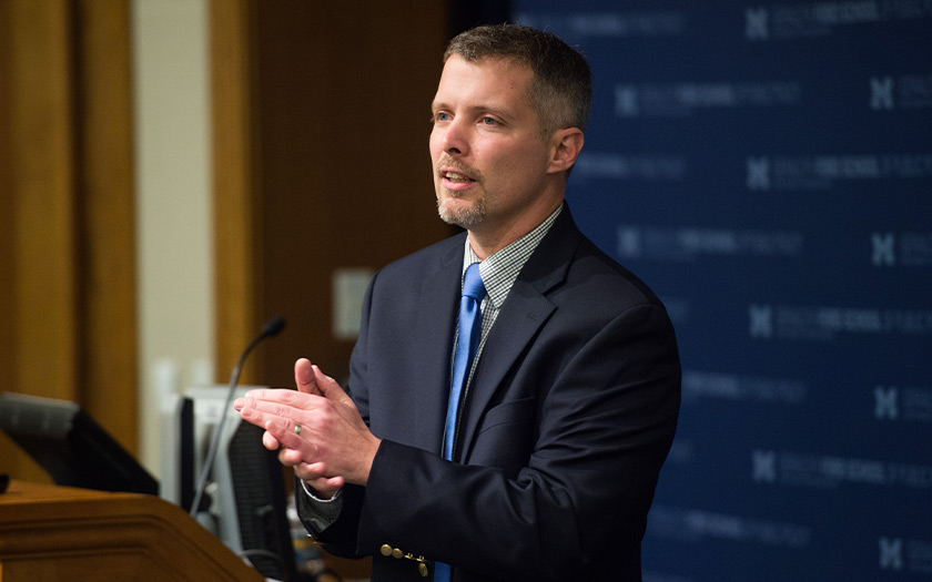 Luke Shaefer delivers a talk at the Ford School