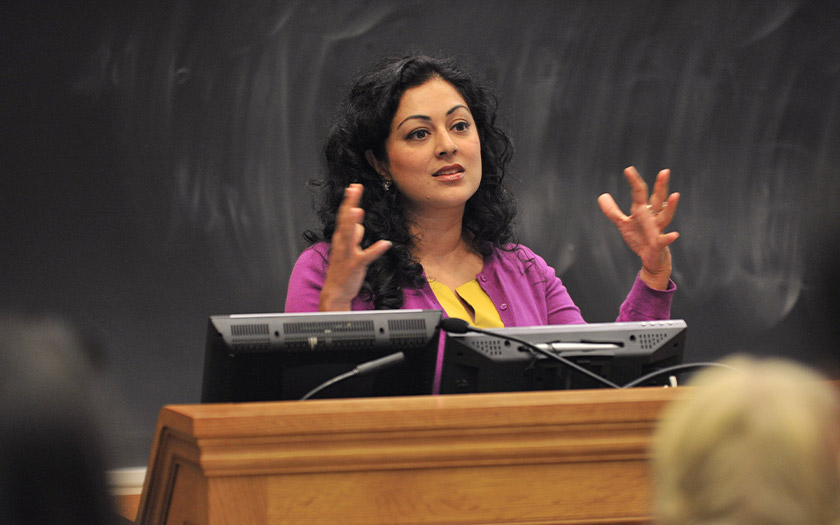 Professor Shobita Parthasarathy leads a discussion in the Betty Ford Classroom