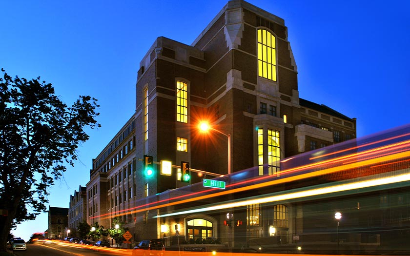 Weill Hall at night, from State & Hill