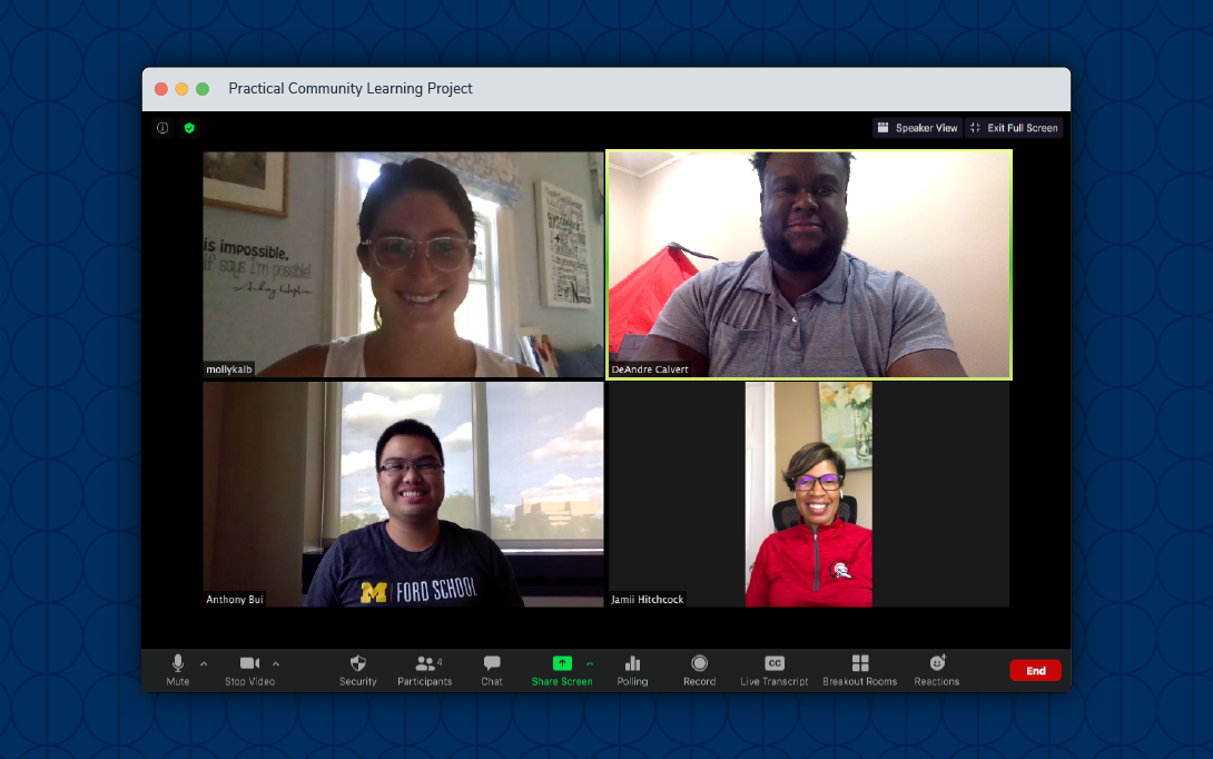 (top left to bottom right) Molly Kalb (BA '21), P3E Community Engagement Manager DeAndre Calvert, and Anthony Bui (BA '21) meet with Dr. Jamii Hitchock, Superintendent of the Oak Park Schools