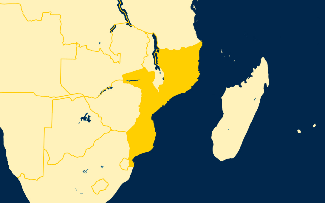 Illustrated map of southeastern Africa, highlighting Mozambique in bright maize.