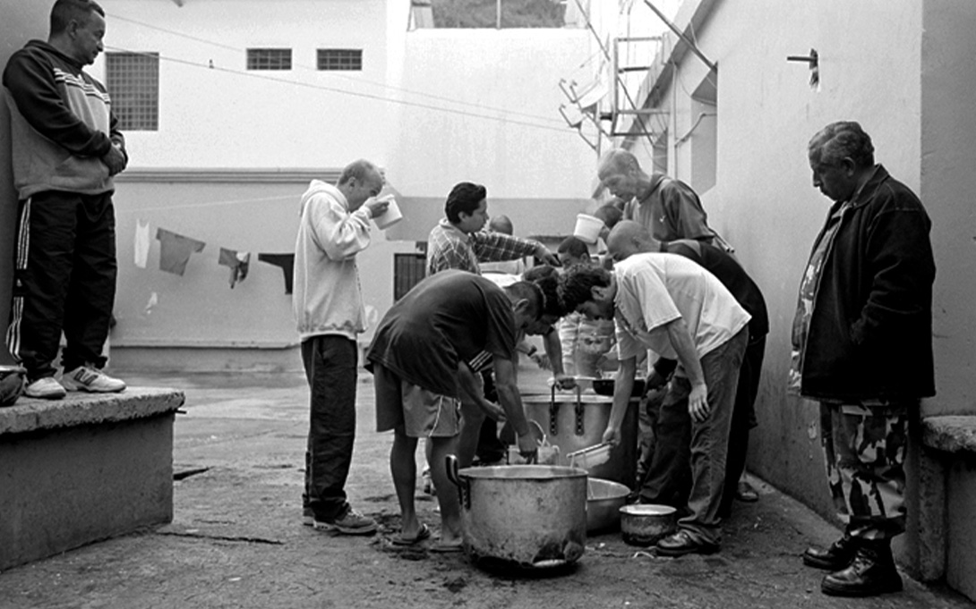 Film still by Francois "Coco" Laso of a group of incarcerated men