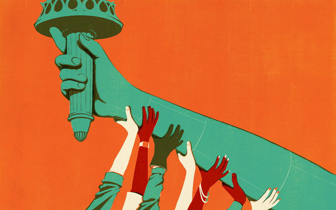 Illustration of many hands hoisting up the arm of Lady Liberty