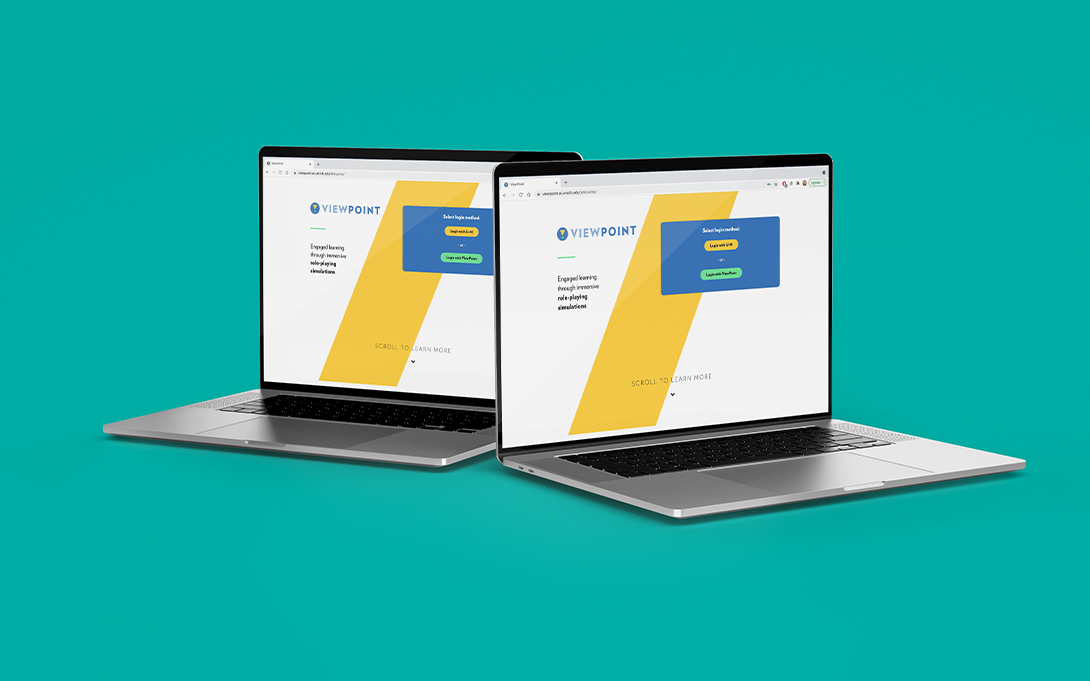 On a teal background, two Macbooks shown open displaying the Viewpoint homepage