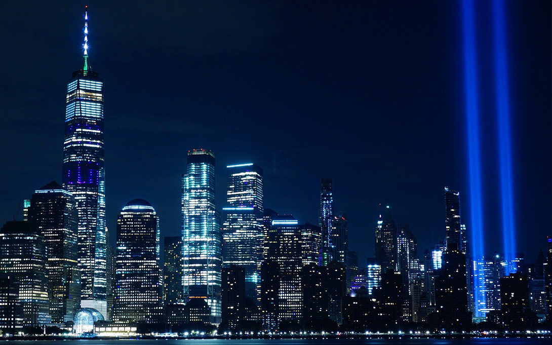 9/11 Tribute in Light in New York City, where University of Michigan alum Josh Rosenthal worked in the south tower of the World Trade Center