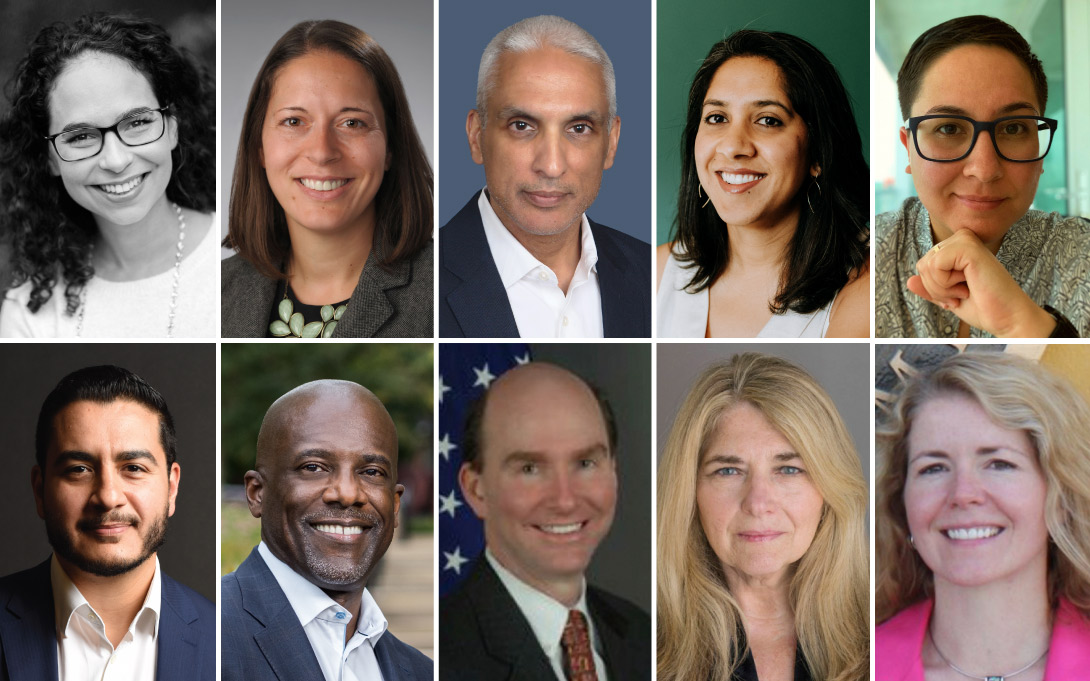 A grid of 10 headshots. Row 1: Morela Hernandez, Katherine Michelmore, Javed Ali, Attia Qureshi, and Dominique Adams-Santos; Row 2: Abdul El-Sayed, Hardy Vieux, Amb. Dan Shields, Carol Giacomo, and Shannon Farrell