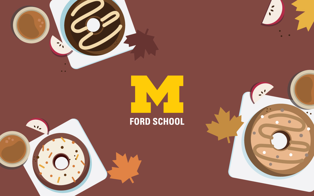 Promotional graphic for Donuts and deans, featuring illustrations of donuts, cider, and maple leaves on a seasonal brown tablecloth