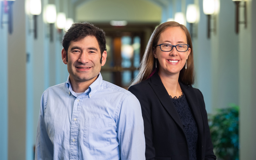 Photo of Joshua and Catherine Hausman in Weill Hall's 2nd floor hallway