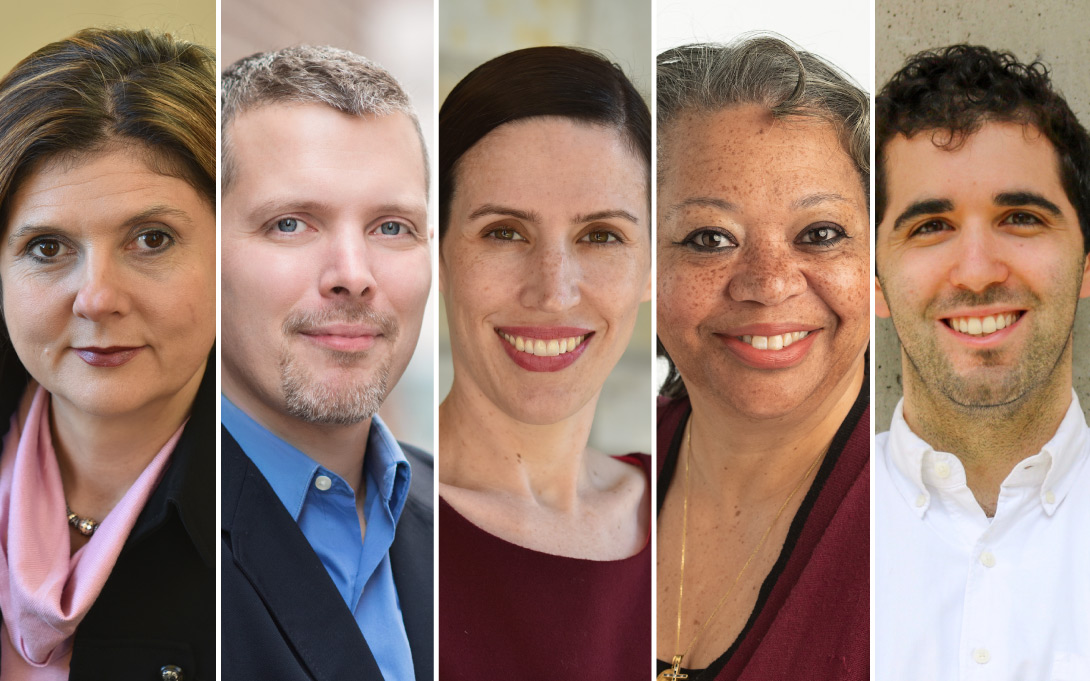 Headshots of Betsey Stevenson, Luke Shaefer, Megan Tompkins-Stange, Ambassador Susan D. Page, and Ben Green