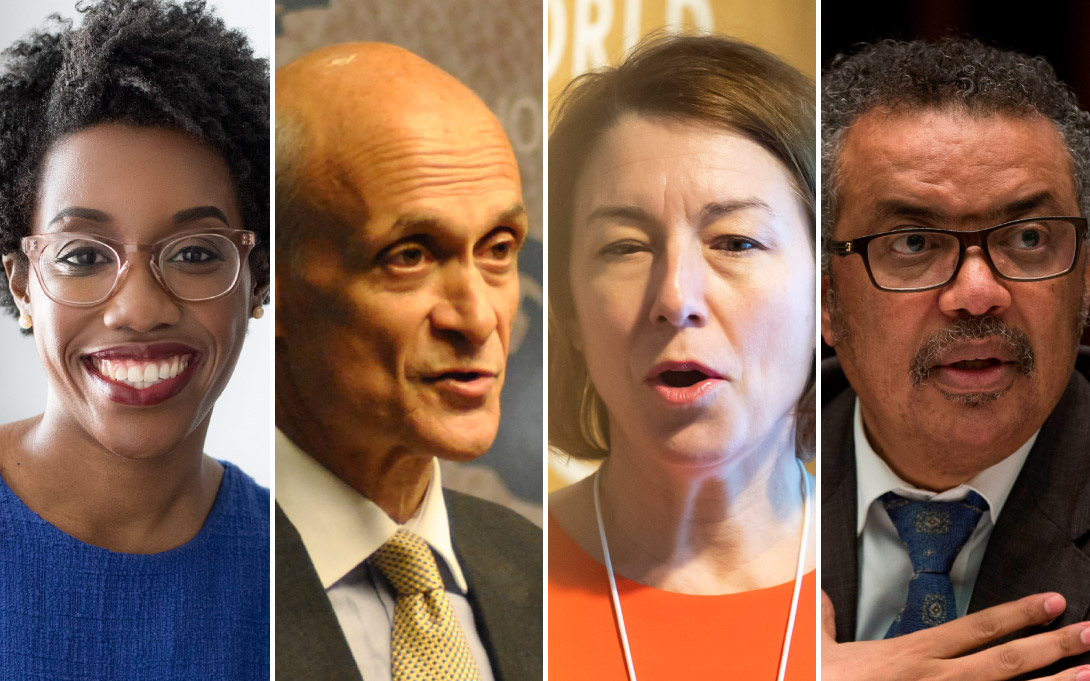 Headshots of U.S. Representative Lauren Underwood, former Secretary of Homeland Security Michael Chertoff, Penny Naas, and WHO Director-General Dr. Tedros Adhanom Ghebreyesus