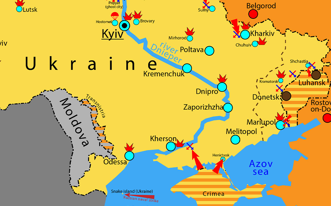 A map of the Russian invasion of Ukraine, February 24, 2022