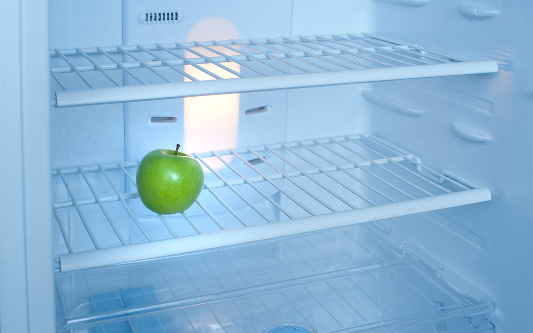Photo of a nearly empty fridge, with only an apple inside