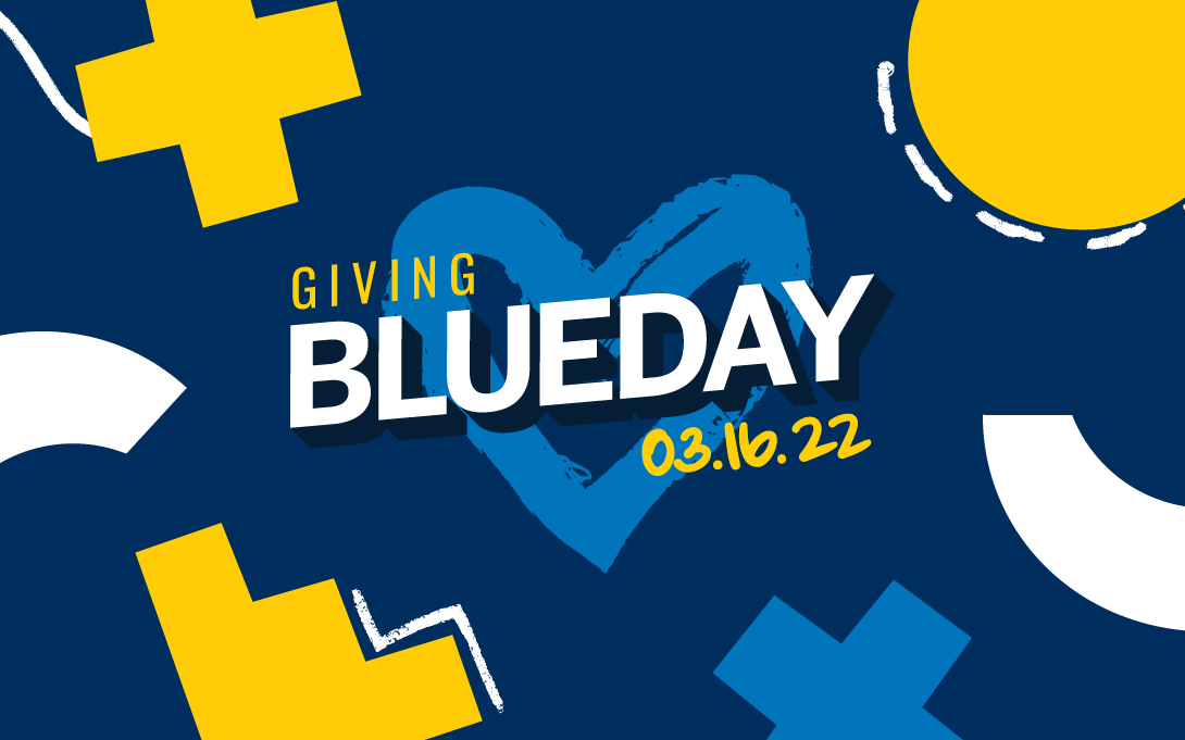 Giving Blueday illustration featuring U-M colored shapes and the Giving Blueday logo