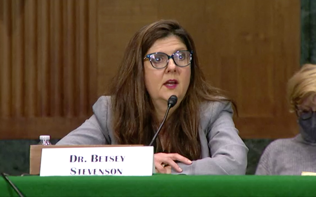 Screenshot of the livestream of Betsey Stevenson testifying in-person before the U.S. Senate Committee on Banking, Housing, and Urban Affairs