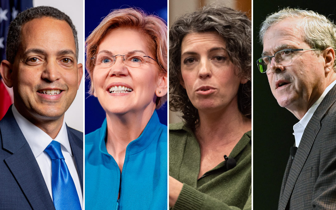 Headshots of Don Graves, Elizabeth Warren, Molly Ball, and Jeb Bush