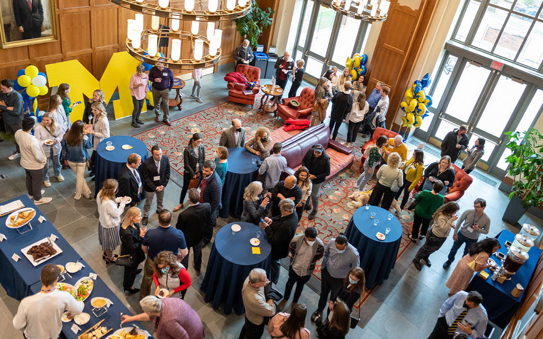 Photo, taken from above, of attendees at the Class of 2020 Comeback Commencement reception