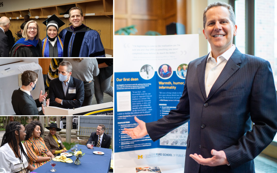 Montage of photos of Dean Barr at commencement, in the Great Hall, and seated eating with students