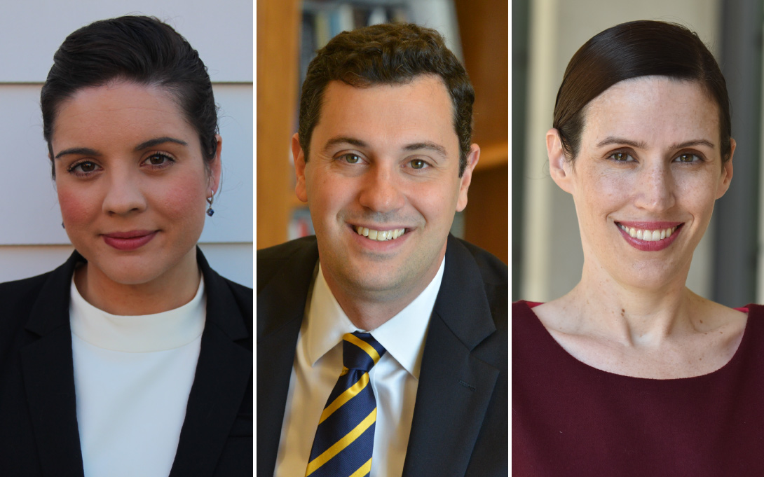 Headshots of Megan Stewart, John Ciorciari, and Megan Tompkins-Stange