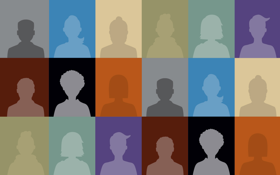 A 6x3 grid of illustrated silhouettes on individual solid colored backgrounds in the U-M secondary color palette