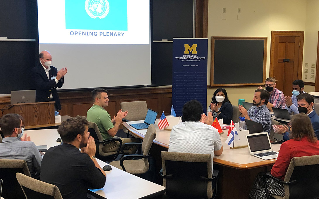 Photo of a classroom of Ford School student participants in the US Army War College simulation