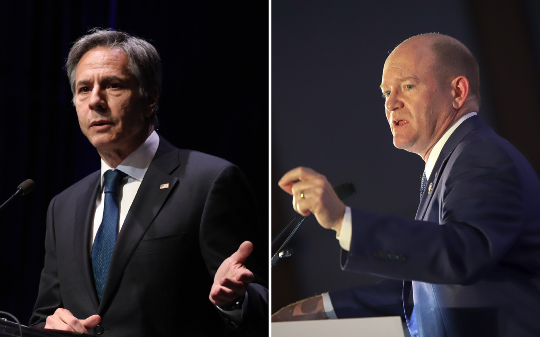 Headshots of U.S. Secretary of State Antony Blinken and U.S. Senator Chris Coons (D-DE)