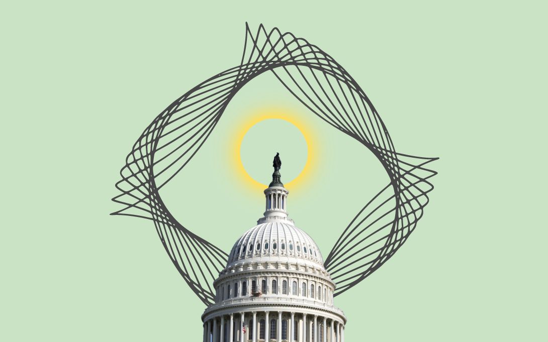 Capitol dome and circle design elements placed on a light green background