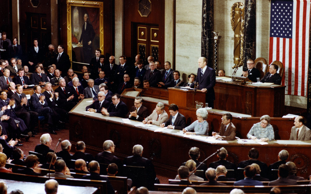 Photo of President Ford delivering the State of the Union to a joint session of Congress in 1976