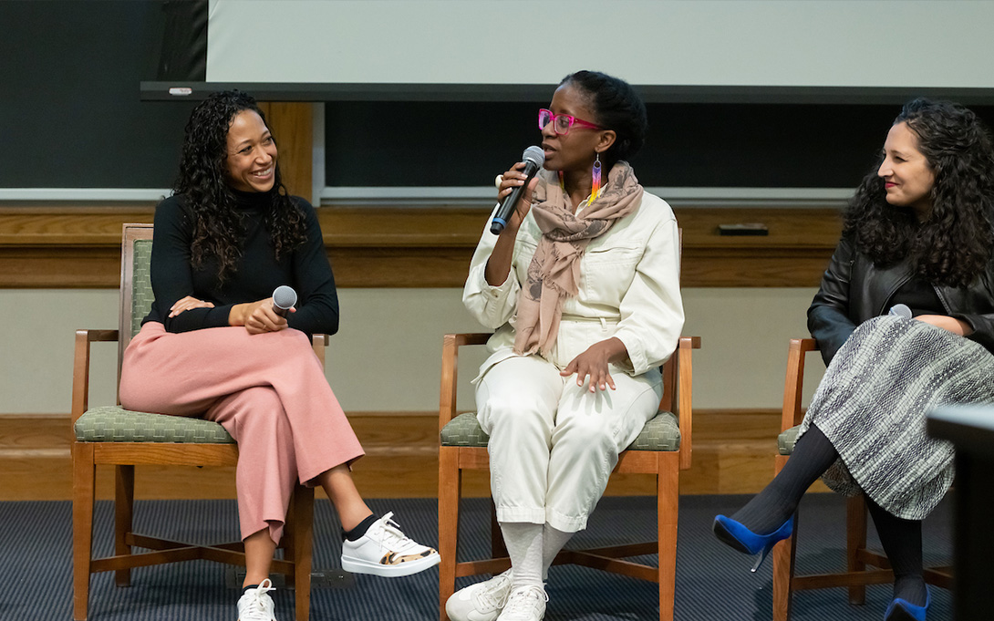 Masterclass in Activism panelists' Brar, Bass, and Wyatt conversing together