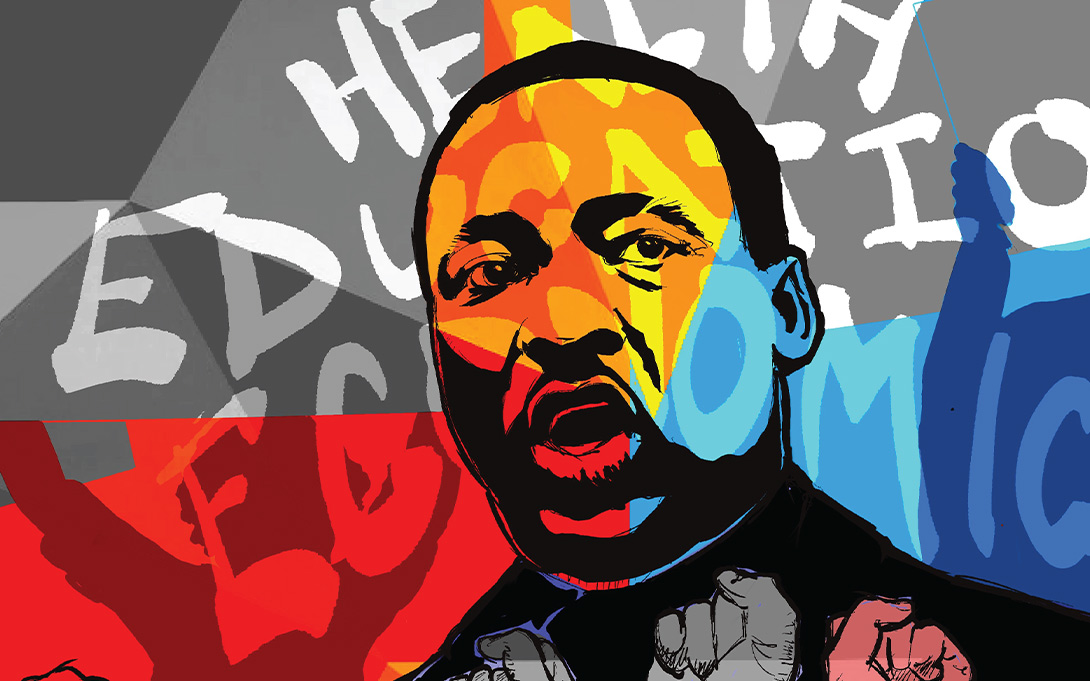 Key illustrated art for the MLK Symposium, featuring a vectorized illustration of the Rev. Dr. Martin Luther King, combined with chunks of solid color and large words strewn artfully in the background