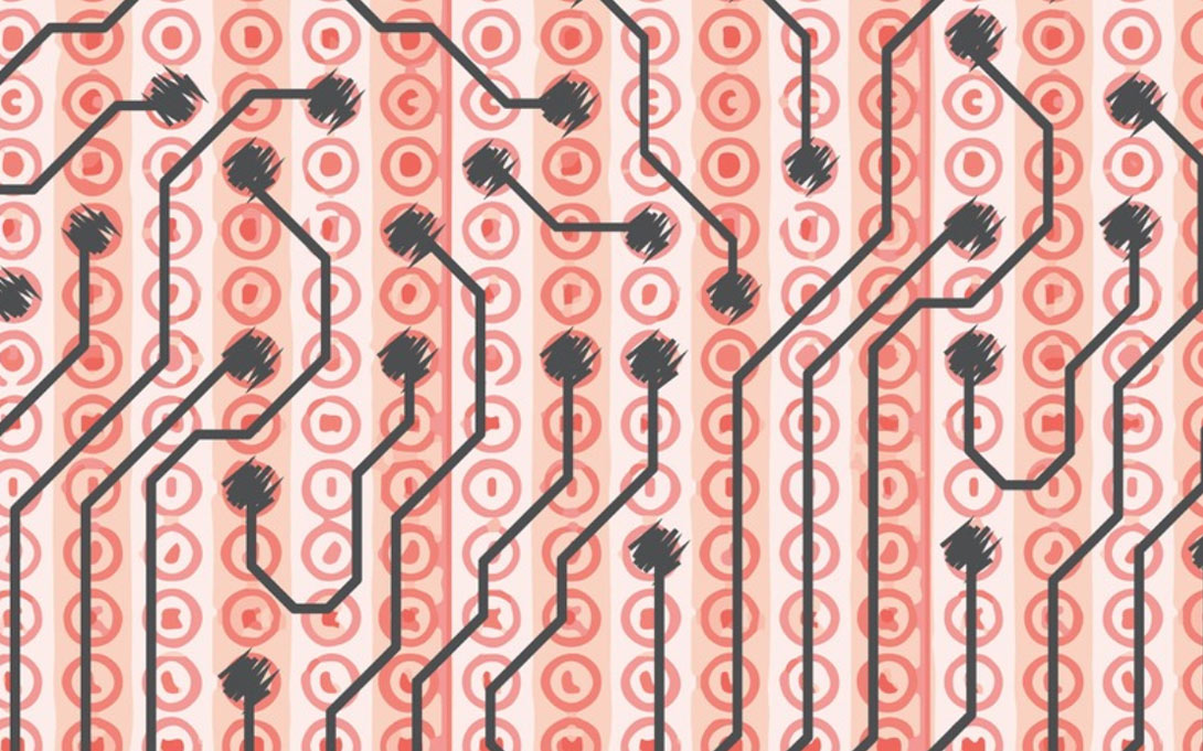 Illustration of a bubble test sheet with bubbles filled in and lines connecting them like a circuitboard