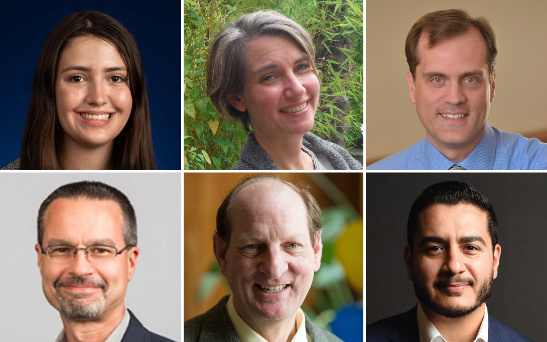 Headshots of Isabelle Schindler, Jenna Bednar, Jonathan Hanson, Tom Ivacko, Rusty Hills, and Abdul El-Sayed