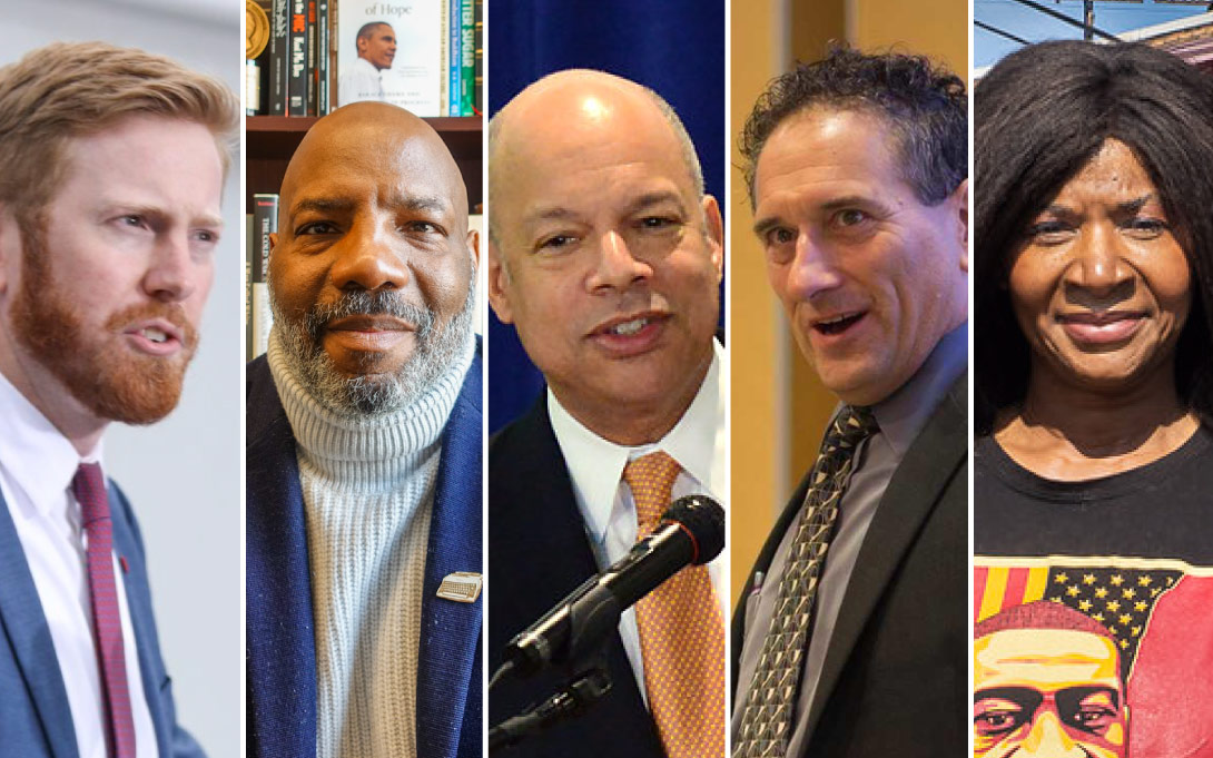 Headshots of Peter Meijer, Jelani Cobb, Jeh Johnson, Andy Levin, and Angela Harrelson