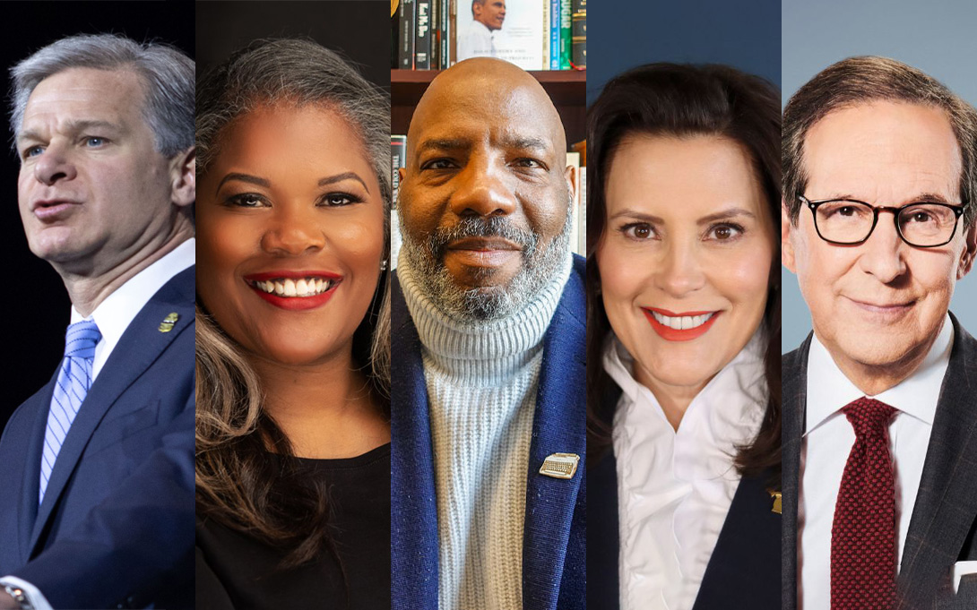 Headshots of Christopher Wray, Judge Laurel Beatty Blunt, Jelani Cobb, Gretchen Whitmer, and Chris Wallace