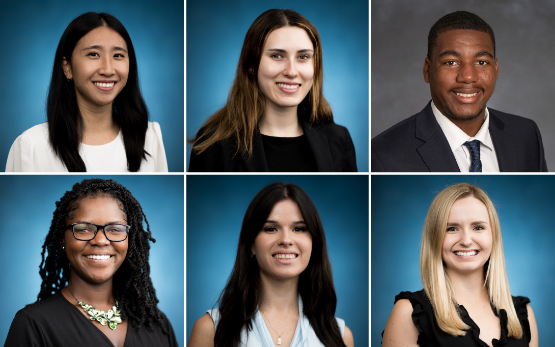 Portraits of (top, left to right) Winnie Chen, Naomi Garcia, Sam Owusu, (bottom, left to right) Nia Knox, Lexie Milukhin, and Farah Pitcher