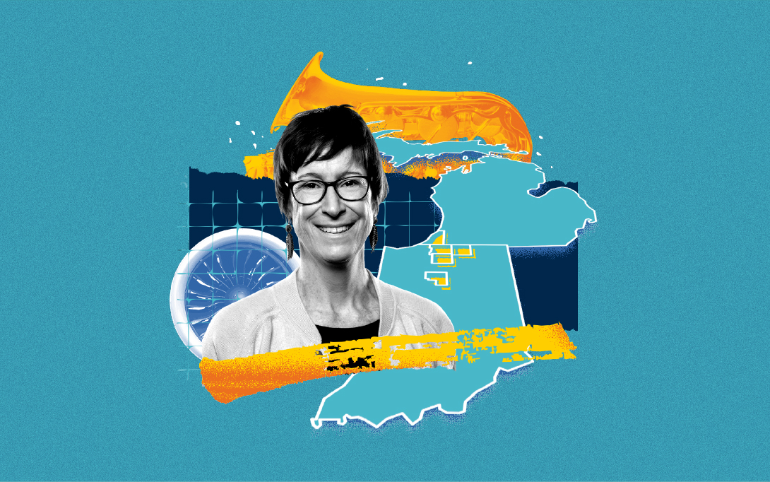 Collage of Taryn Macfarlane with an outlined map of select Michigan and Indiana counties, a saxophone, and a turbine