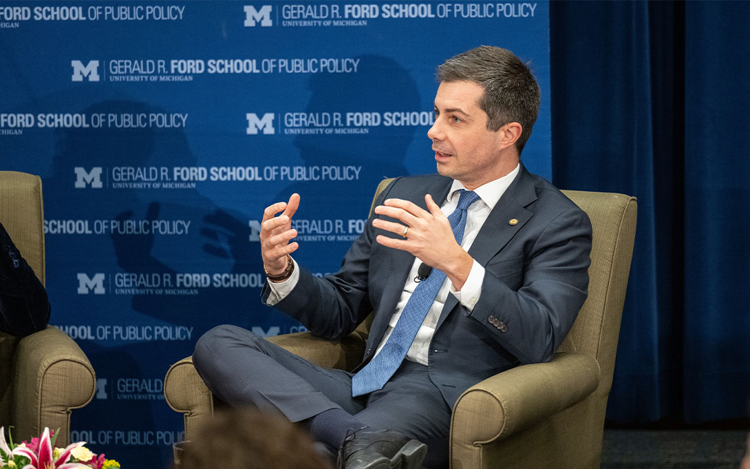 Person speaking at a Gerald Ford School of Public Policy event.