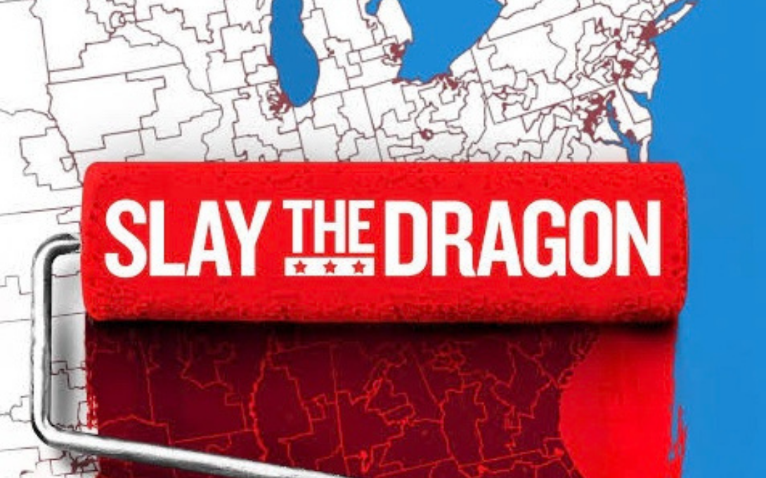 White map of US state with large red paintbrush painting over the states that says Slay the Dragon