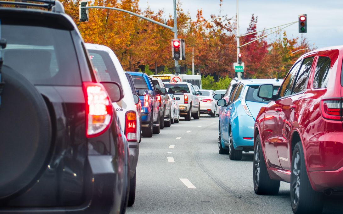 Heavy afternoon traffic in Mountain View, Silicon Valley, California; cars stopped at a traffic light