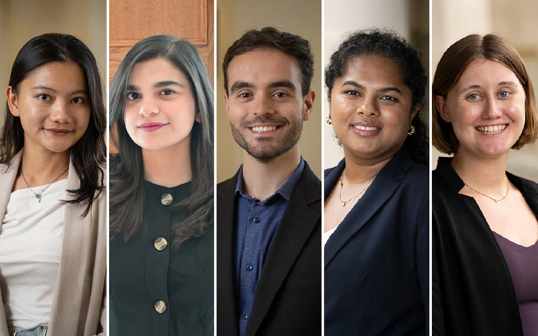 A 5-up of students' profile photos: Wulan Kencana Adjani (MPP/SEAS ‘26), Tooba Bilal (MPP ‘27), Pedro Eymael (MPP/SEAS ‘26), Sowmya Raman (MPP ‘27), and Claire Stanley (MPP/MSW)