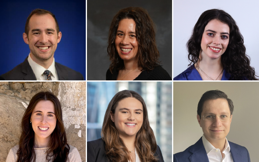 Headshots of Sam Conchuratt (MPP ‘21), Eliza Erickson (MPP ‘10), Jasmine Kaltenbach (BA ‘21), Tara Lanigan (MPA ‘21), Laurel Ruza (BA ‘15), and Pablo Velázquez (MPP ‘14)