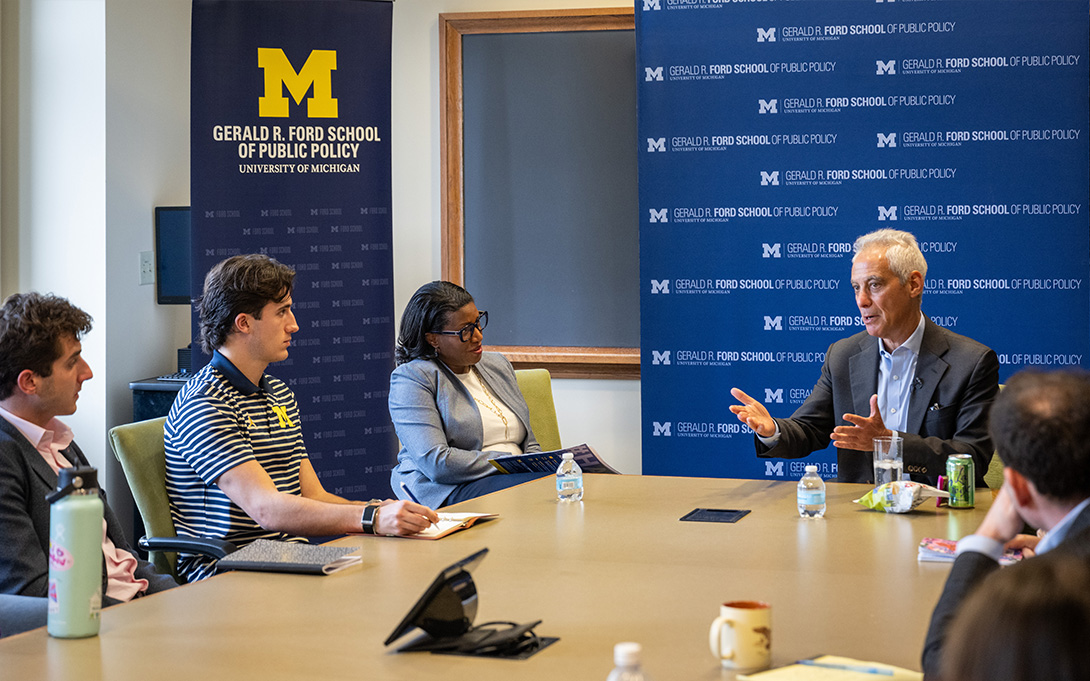 Rahm Emanuel speaking with students