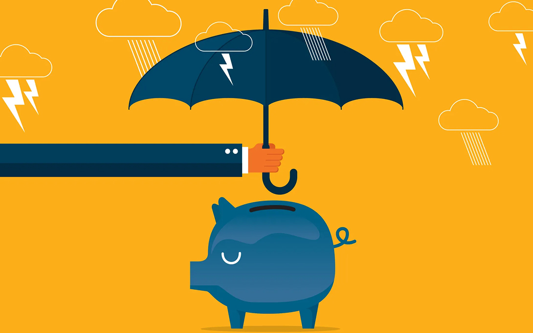 Graphic with stylized images of a blue pig in a lightning storm with an umbrella being held over it on a yellow background