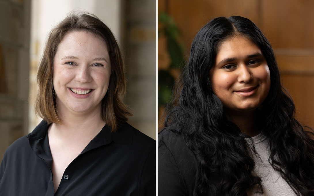 Two headshots side by side of smiling people.